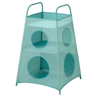 TIGERFINK turquoise mesh speelgoed opslag, vierkant, vier ronde openingen, twee handvatten.