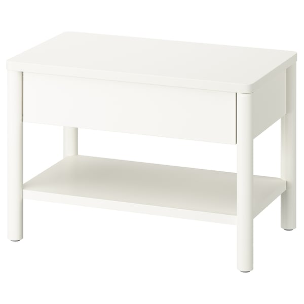 Een gebroken witte TONSTAD bijzettafel met een plank en een lade, met een vierkant, gestroomlijnd ontwerp.