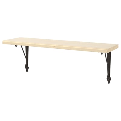 TRANHULT wandplank, licht hout, zwarte metalen beugels, rechthoekig.