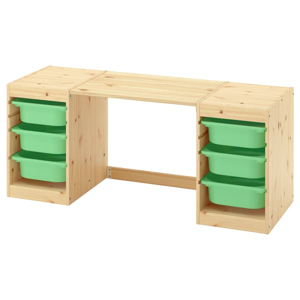 TROFAST Bureau met opbergers, licht wit gebeitst grenen lichtgroen, 124x44x52 cm