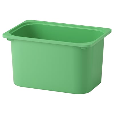 Een groene TROFAST opbergdoos gemaakt van duurzaam gerecycled plastic, ontworpen voor speelgoed en boeken.