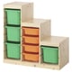 Optie: Deze afbeelding toont een ikea TROFAST opbergmeubel met groene en oranje plastic bakken in een houten frame.