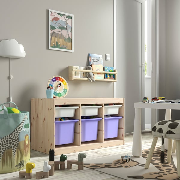 TROFAST Opbergcombinatie met bakken, licht wit gebeitst grenen wit/paars, 93x44x52 cm
