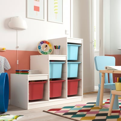 TROFAST opslag, wit, hout & plastic, rechthoekig, kleurrijke bakken; Past in de ruimte voor kinderen, afmeting: klein.