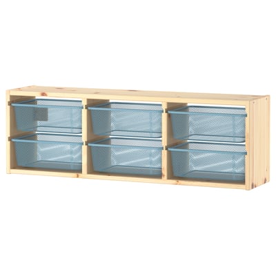 TROFAST plank met 4 blauwe gaasdozen, licht grenenhout, modern design.