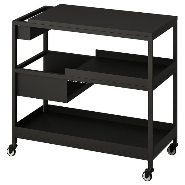Zwart metalen trolley met drie planken en wielen; Praktisch en mobiel voor vergaderingen of kantoren.