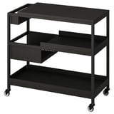 Zwart metalen trolley met drie planken en wielen; Praktisch en mobiel voor vergaderingen of kantoren.