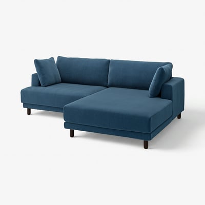 Blauwe UPPÅKRA hoekbank, modern ontwerp, donkerhouten poten, zachte kussens, perfect om te ontspannen.