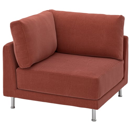 Een oranje, gevoerde UPPÅKRA-stoel met gerecyclede polyester stof, met een brede ribfluwelen textuur en een modern ontwerp met metalen poten.