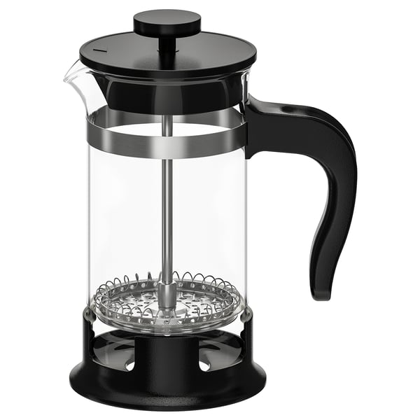 UPPHETTA zwart koffiezetapparaat. Glazen pot, kunststof handvat, RVS filter, staat op zwarte voet.