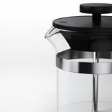 UPPHETTA: moderne glazen koffie-/theemaker, strak ontwerp, zwart plastic & roestvrijstalen accenten, glad handvat.