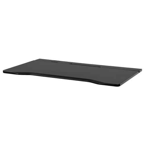 Zwart rechthoekig bureaublad met gladde gebogen randen. Gemaakt van hardboard met gepigmenteerde poedercoating. Modern minimalistisch design.