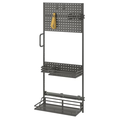 Een grijze UTRUSTA-organizer met meerdere opbergniveaus, haken om op te hangen en verstelbare planken.