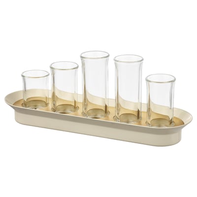VATTENKRASSE set: 5 glazen buisjes in beige houder, voor plantenvermeerdering.