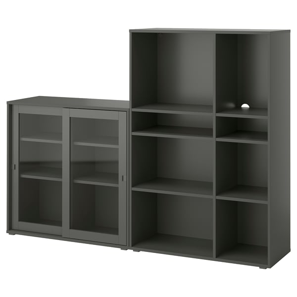 Grijze VIHALS opbergkast: kast met glazen deuren & open rekken.