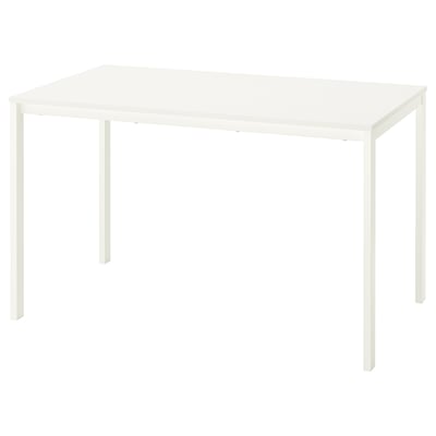 Een witte, vierkante IKEA VIHALS tafel met een minimalistisch design en gepoedercoate metalen poten.