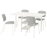Een VIHALS eethoek met een witte tafel en grijze stoelen, met een modern design en opbergruimte onder de tafel.