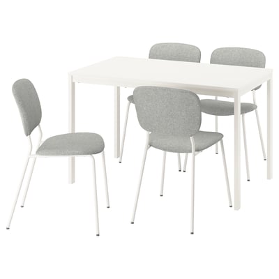 De VIHALS eethoek in wit en grijs. Het omvat een uitschuifbare tafel en vier gestoffeerde stoelen met een minimalistisch design.