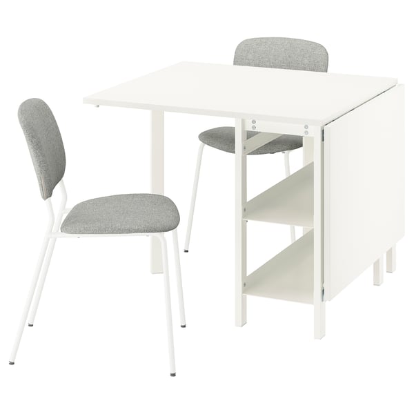 Een witte VIHALS eethoek met een vierkante klaptafel en twee lichtgrijze stoelen.