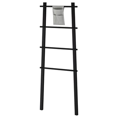 Zwart houten handdoekrek met stoffen vak, strak ladderontwerp, ideaal voor kleine ruimtes.