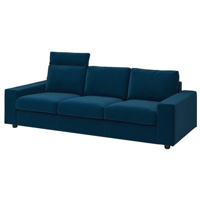 VIMLE bank. Diep blauw. Bekleed met gerecycled polyester en een polyestermix. Brede, vierkante vorm met pluche kussens en vaste rugkussens.