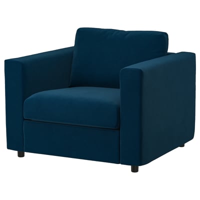 Blauwe VIMLE fauteuil, modern minimalistisch design, comfortabele zitting met hoge veerkracht.