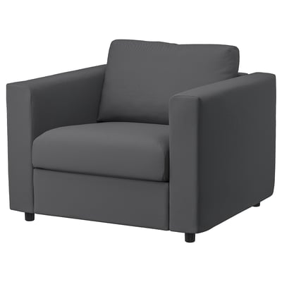 VIMLE grijze fauteuil met donkere poten, modern design.
