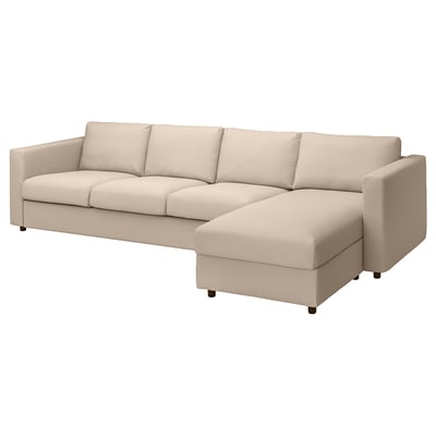 VIMLE l-vormige bank, beige, zachte stof, strakke lijnen, comfortabel design.