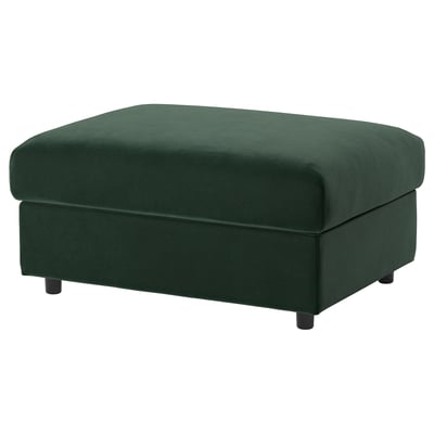 VIMLE groene poef, vierkant, fluwelen stof, vier houten poten.