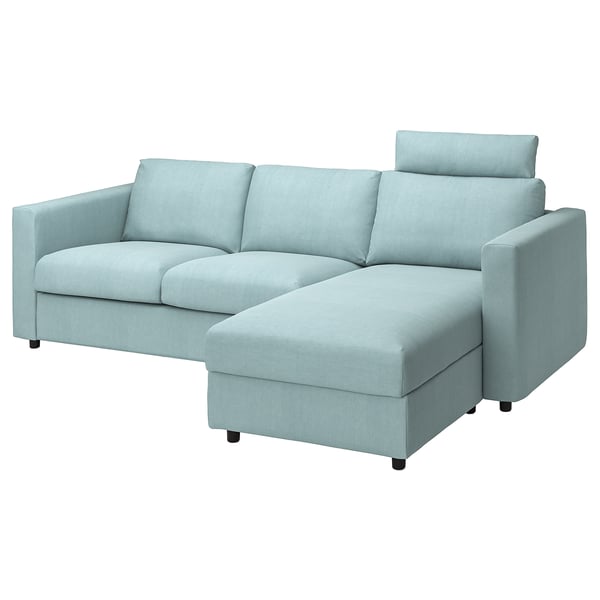 Lichtblauwe VIMLE sectionele bank, modern design, l-vorm, lichte stoffen bekleding.