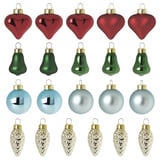 Kleurrijke kerstversieringen in rode, groene, blauwe en gouden tinten, met hartvormen, bellen en gloeilampontwerpen, gemaakt van glas en aluminium.