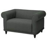 Grijze VISKAFORS fauteuil, klassiek design, zachte stof, ronde vorm, diepe zitting, houten poten.