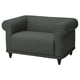 Grijze VISKAFORS fauteuil, klassiek design, zachte stof, ronde vorm, diepe zitting, houten poten.