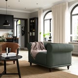 Gezellige woonkamer met groene VISKAFORS fauteuil, bruine accentstoel, zwarte salontafel, grote ramen, zwarte boekenplank, houten vloeren.