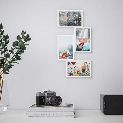 YLLEVAD fotolijst set, wit, voor 4 foto's, lichtgewicht plastic, modern design.