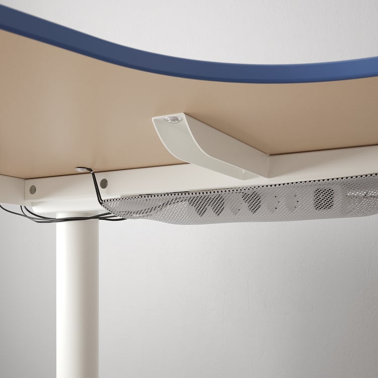 BEKANT مكتب زاوية، الجلوس يساراً/وقوف مشمع أزرق, أبيض IKEA