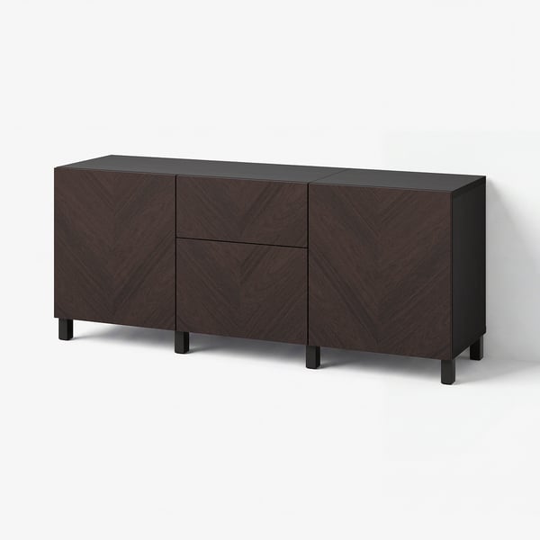 BESTÅ تشكيلة تخزين مع أدراج, أسود-بني Hedeviken/Stubbarp/بني غامق قشرة سنديان مصبوغ, 180x42x74 سم