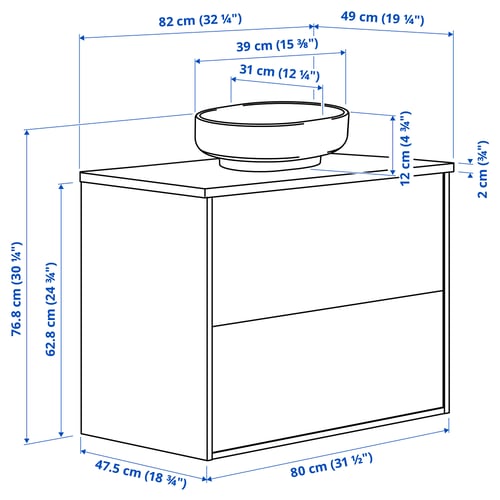 HAVBÄCK / VINDELÄLVEN خزانة حوض بأدراج/حوض مغسلة, أبيض/أبيض شكل المرمر, 82x49x77 سم
