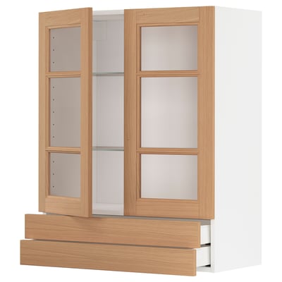 METOD / MAXIMERA خزانة حائط بابين زجاجية/2 أدراج, أبيض/Vedhamn سنديان, 80x100 سم