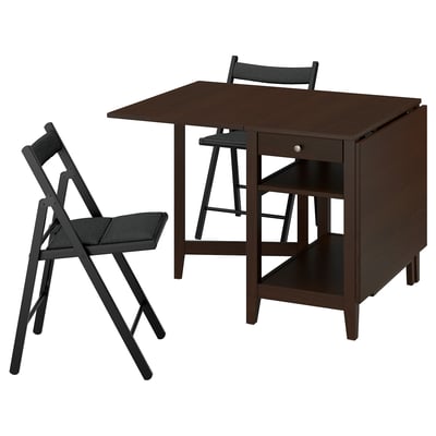 NÄSINGE / FRÖSVI طاولة وكرسيان, طاولة بأجنحة تطوى قشرة خشب الزان بطلاء بني داكن/قابلة للطي أسود/Knisa رمادي غامق, ‎48/104/159x85 سم‏