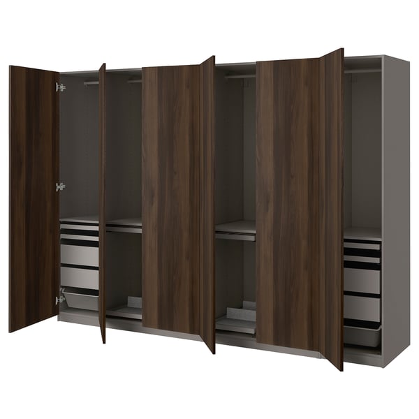 PAX / STORKLINTA تشكيلة خزانة ملابس., رمادي غامق/بني غامق مظهر سنديان مصبوغ, 300x60x201 سم