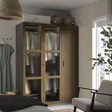 PAX / TONSTAD تشكيلة خزانة ملابس., رمادي غامق بني/قشرة سنديان مصبوغ زجاج, ‎150x60x201 سم‏