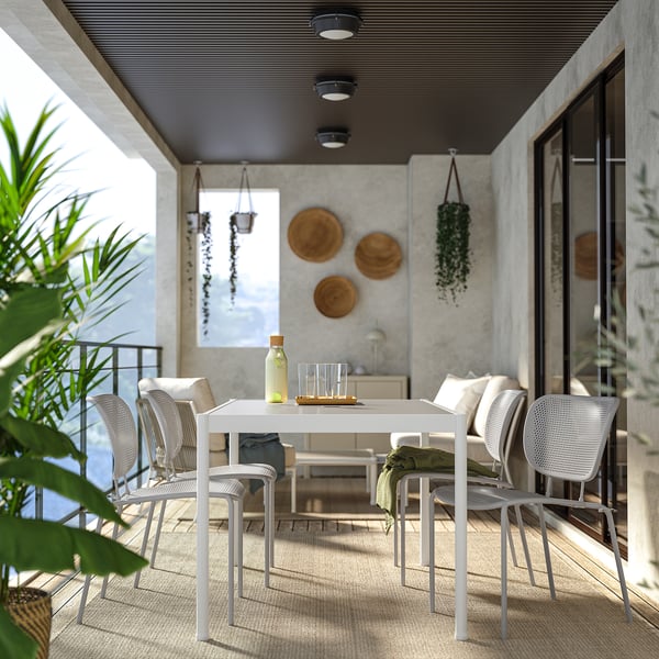 SEGERÖN / DUVSKÄR طاولة و 4 كراسي, خارجي أبيض/بيج/رمادي, 147 سم