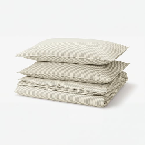 SOLFIBBLA غطاء لحاف و ٢ غطاء مخدة, أبيض بيج/شريط, 240x220/50x80 سم