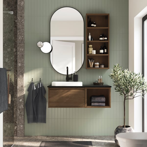ÄNGSJÖN / BACKSJÖN Wash-stand/wash-basin/tap, brown oak effect/black marble effect, 102x49x41 cm