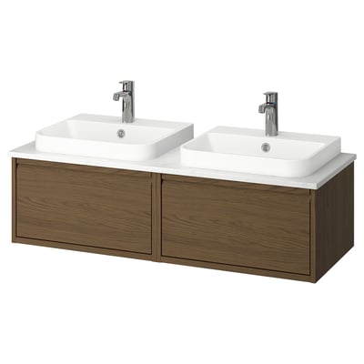 ÄNGSJÖN / BACKSJÖN Wash-stand/wash-basins/taps, brown oak effect/white marble effect, 122x49x41 cm