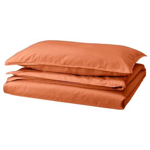 ÄNGSLILJA duvet set in terracotta, soft pre-washed cotton, rectangular with envelope closure.