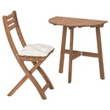 ASKHOLMEN Table for wall+1 fold chr, outdoor, dark brown/Kuddarna light grey-beige, 70x44 cm