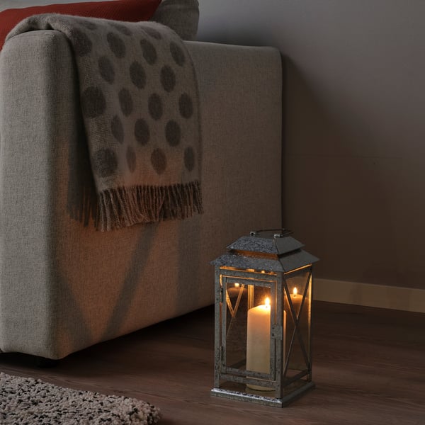 BEFÄSTA Lantern f block candle, in/outdoor, galvanised, 29 cm