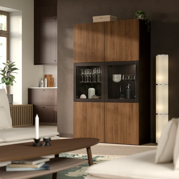 BESTÅ Storage combination w glass doors, black-brown Lappviken/Sindvik walnut effect, 120x42x193 cm
